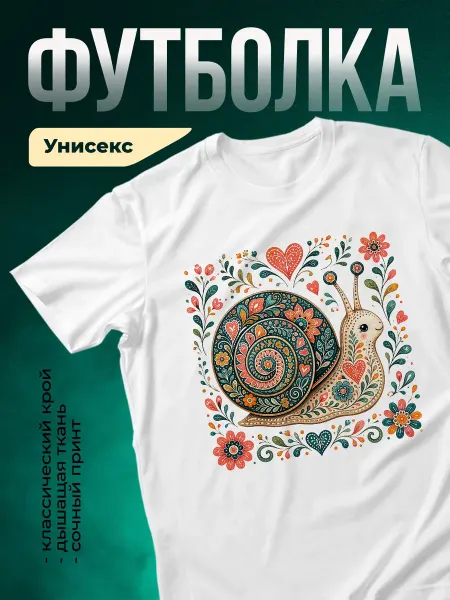 КлассныеШтучки Футболка белая цветочный принт улитка мандала подарок