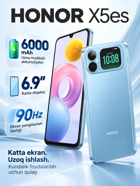 Смартфон HONOR X5es, 6.9 экран 90 Гц, 6000 мАч батарея, , 13 МП камера - Синий,4/64ГБ