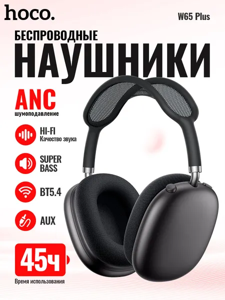 Наушники беспроводные Hoco W65 Plus Happy ANC, BT 5.4, до 45 ч, ANC до 32 ч, 400 мАч, Space gray