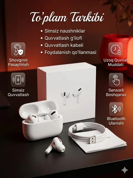 Pods Pro — беспроводные наушники, сенсорные, Bluetooth. Чехол + USB в подарок / без анс