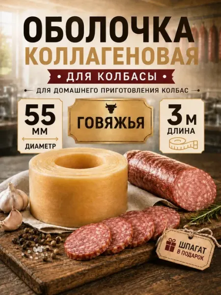 Оболочка для колбасы натуральная, коллагеновая, 3 м, 55мм