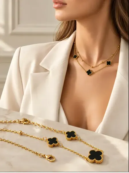 Колье с клевером в стиле Van Cleef двойной цепочкой
