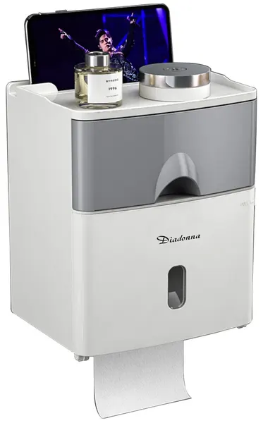 Держатель туалетной бумаги Diadonna D7303 с полкой, настенная, ABS-пластик, белый с серым, самоклеящаяся