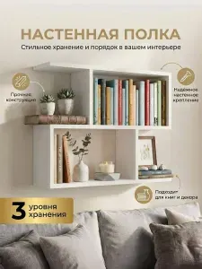 Полка настенная навесная для книг, на кухню белая