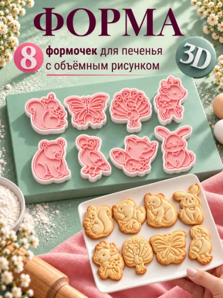 Формочки животные для печенья и пряников с узорами 8шт