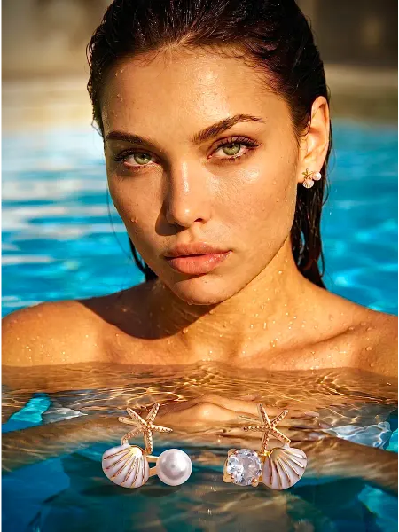SEA JEWELRY Серьги бижутерия ракушки с жемчугом гвоздики