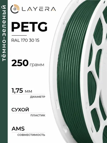 Пластик PETG, Тёмно-зелёный, RAL D2 170 30 15, 250 гр Layera