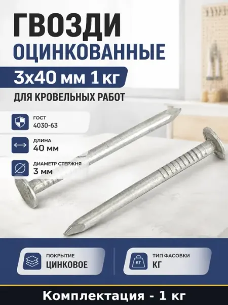 Кровельный крепеж гвозди оцинкованные 3x40 мм фасовка 1 кг