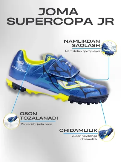 Детские футбольные кроссовки (сороконожки) Joma SUPERCOPA JR на липучках, синие