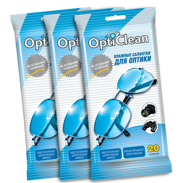 Влажные салфетки Opti Clean, без отдушки, для оптики, 20 шт, 3 уп.