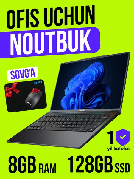 Ноутбук BIKON экран 14" для офиса, дома, учебы и работы, установлен Windows