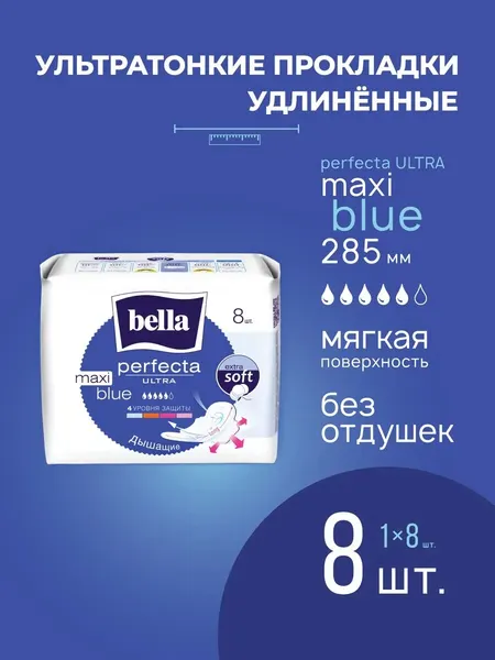 Прокладки Bella Perfecta Maxi Blue, с крылышками, ультратонкие, 8 штук