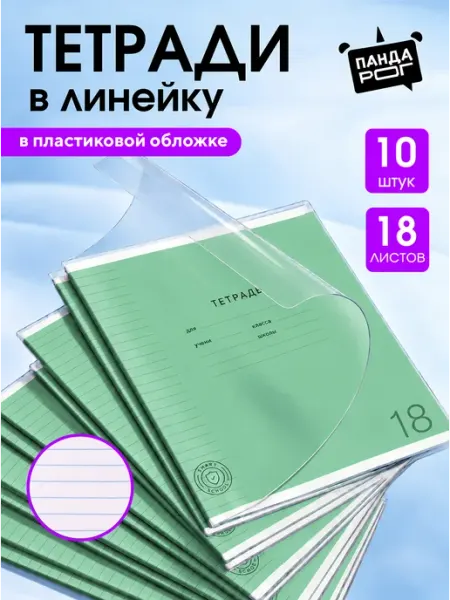 Тетради в линию с пластиковой обложкой 18 листов, 10 шт ПандаРог