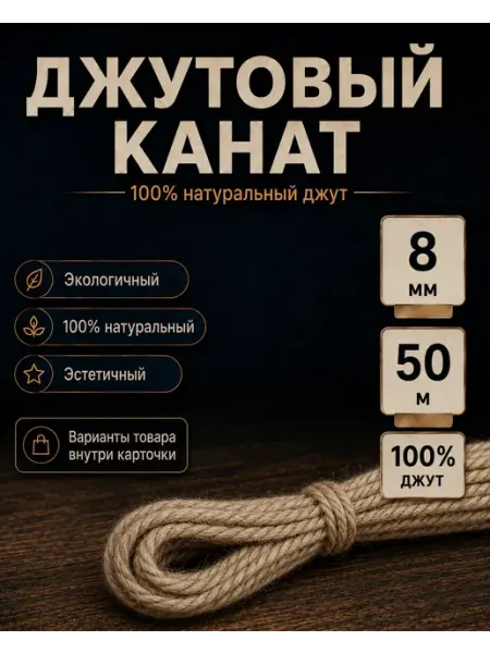 Канат джутовый 8 мм шпагат веревка 50м для когтеточки TAKSHAK