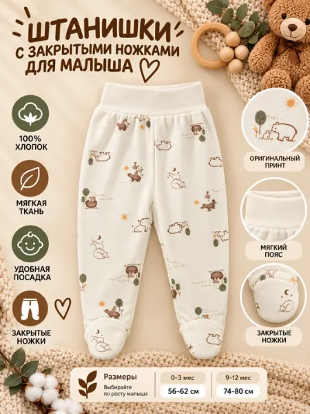 Детские брюки Tiffany Baby Bear Brother с принтом и закрытыми ножками - Ползунки и штанишки для новорождённых