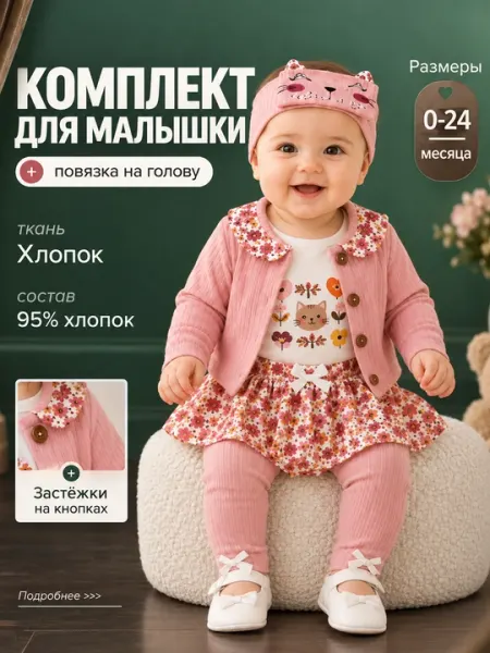 Детский комплект для девочки из хлопка, удобный и мягкий - Костюмы и комплекты для новорождённых