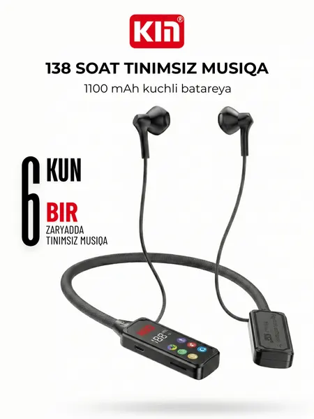 Наушники KIN KL100, беспроводные, Bluetooth 5.4, влагозащита, 138 часов работы, черные