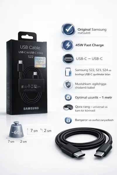 Кабель Samsung, USB-C, для S22/S23/S24, быстрая зарядка 45Вт, черный