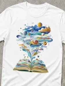 Футболка Jujin Studio классическая мужская с авторским принтом Книга разноцветная, многоцветная с планетами и космосом в ярком изображении, белый хлопковый трикотаж с прикольным рисунком на груди