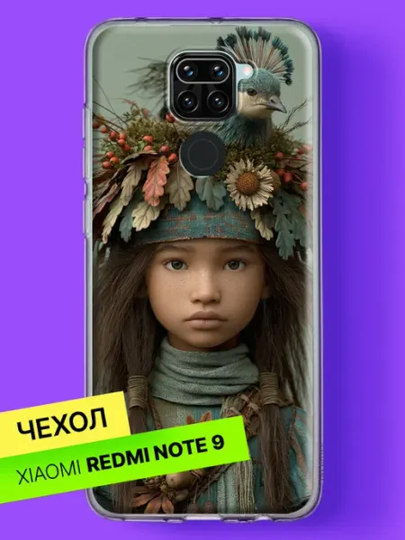 Чехол на Redmi Note 9 с принтом Девочка с птичкой в венке Xiaomi