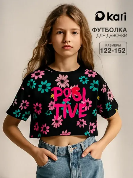 Kari Футболка для девочки оверсайз укороченная с принтом
