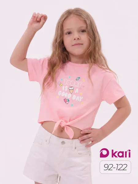 KariKids Футболка для девочки персиковая укороченная на завязках