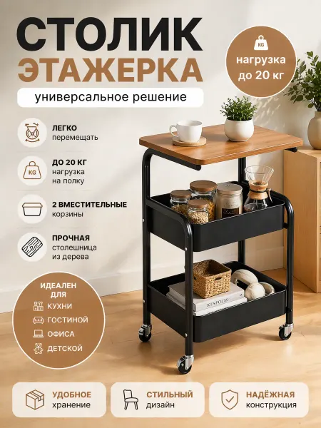 Этажерка на колесиках металлическая для кухни маленькая