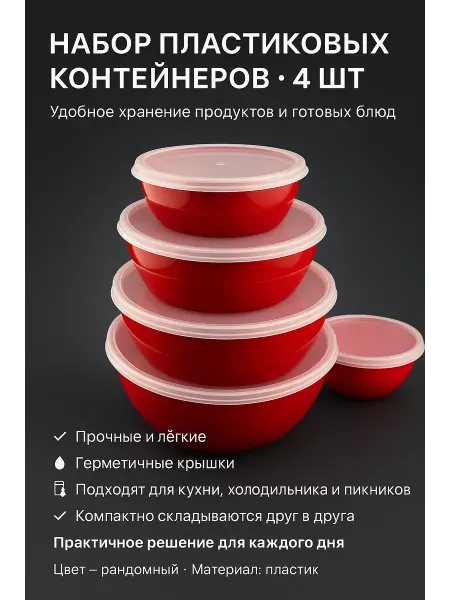 KasTrio Миски пластиковые с крышками, набор 4 шт многоразовые