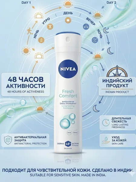 Дезодорант Nivea "Fresh Comfort", спрей, натуральний каолин, защита, свежесть, 150 мл