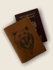 Чехол на паспорт мужской для подростка кожаный с медведем KAZA