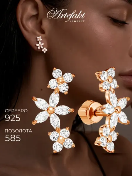 Серьги гвоздики женские в золотом покрытии из серебра 925 Artefakt Jewelry