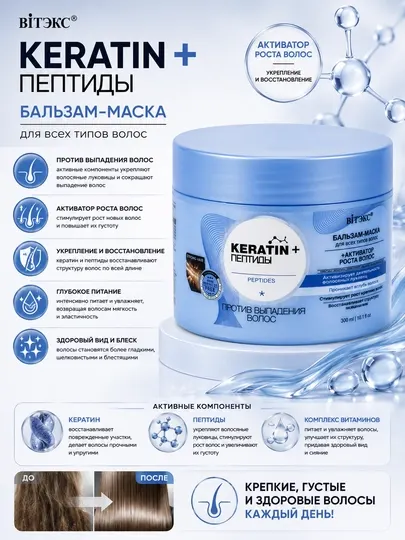 Бальзам-маска для волос Витэкс Keratin + Пептиды, против выпадения волос, 300 мл