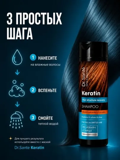 Шампунь Dr.Sante Keratin, для тусклых и ломких волос, кератин + коллаген + арганин