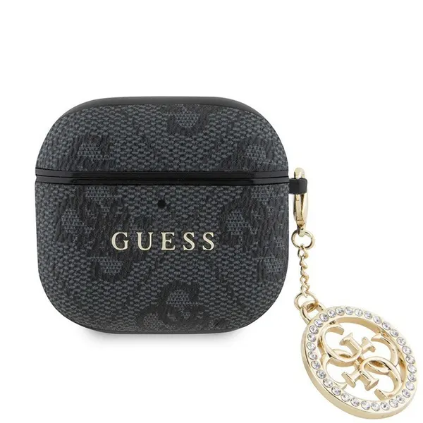 Guess чехол для Airpods 4/5, PU leather 4G with Classic metal logo and Diamond charm Black