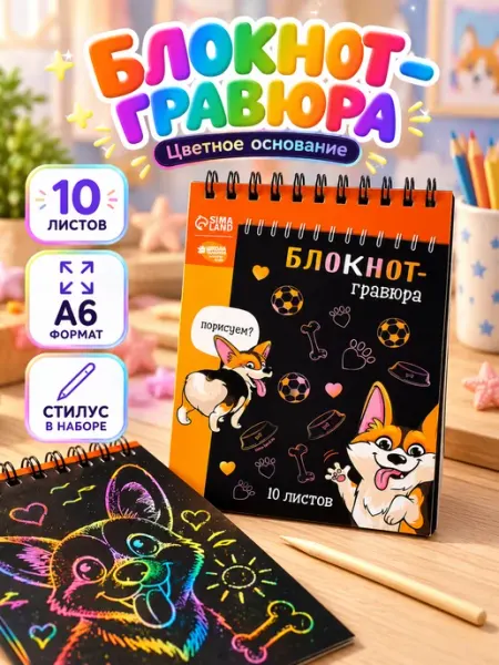 Блокнот-гравюра "Корги бум", 10 листов, штихель Сима-Ленд & Школа талантов