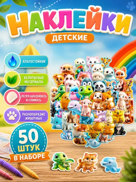 KidsBrain Наклейки детские мультяшные животные 50 штук