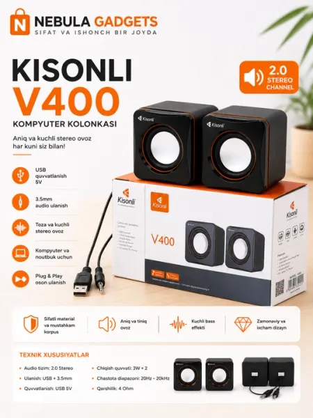 Колонки для компьютера Kisonli V350, USB колонки, мини акустика