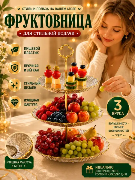 Фруктовница трехъярусная конфетница этажерка пластиковая