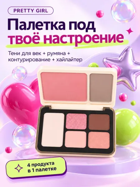 Тени для век палетка румяна контуринг хайлайтер PrettyGirl