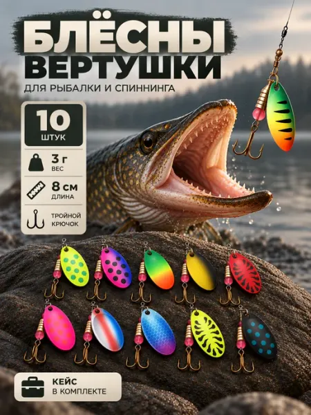 Блесна вертушка 10 шт. для рыбалки на щуку и окуня, кейс