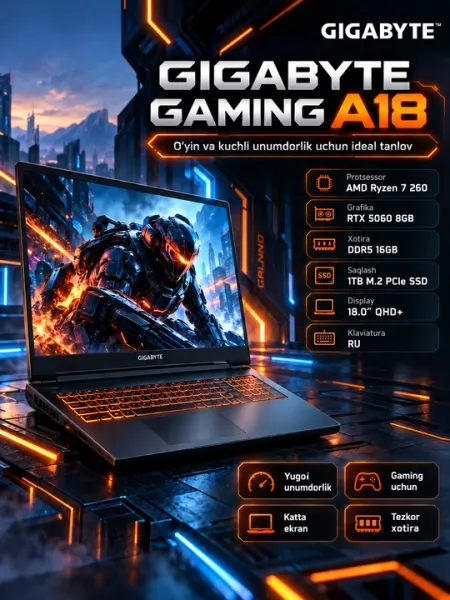 Ноутбук GIGABYTE GAMING A18 AMD RYZEN 7 260 DDR5 16GB 1TB M2NVMe RTX 5060 8GB 18'' QHD+ - Игровые ноутбуки