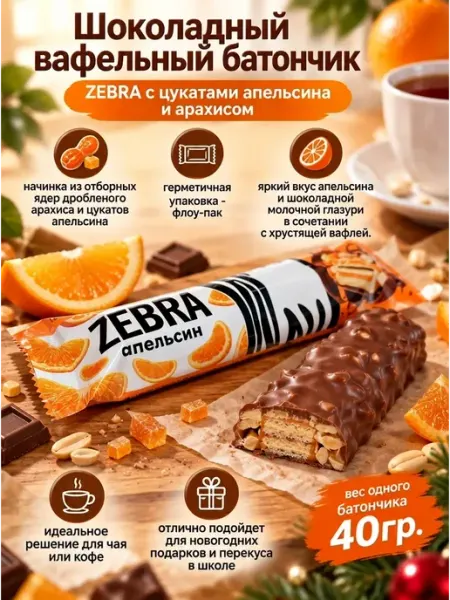 Шоколадный вафельный батончик"Zebra" с апельсином,2х40гр МНSweets