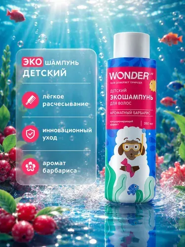 Детский шампунь без слез, гипоаллергенный ЭКО ароматный барбарис WONDER LAB, 380 мл