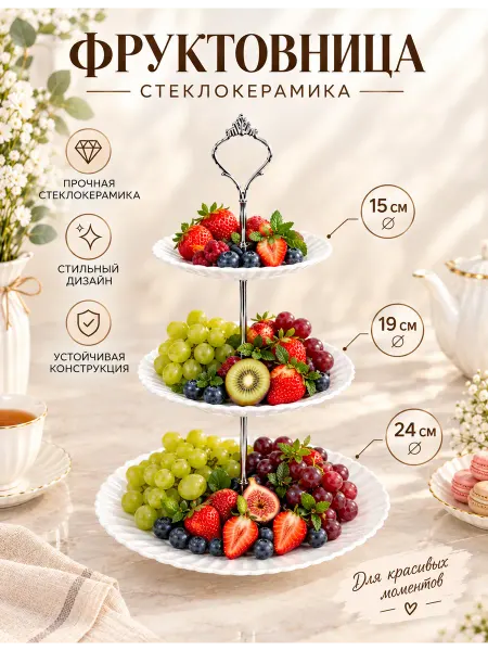 Lavenir Фруктовница трехъярусная из стеклокерамики блюдо этажерка