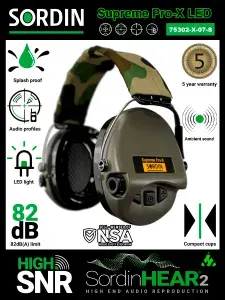 Наушники активные SORDIN Supreme Pro-X with LED Green, хаки/камуфляжная ткань