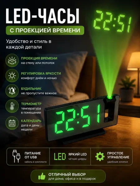 Светодиодные LED часы с проектором, будильником, термометром, календарем, USB