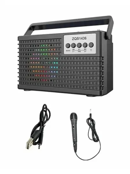 Караоке колонка ZQS-1436B с микрофоном, радио FM и LED подсветкой, мощный фонарь
