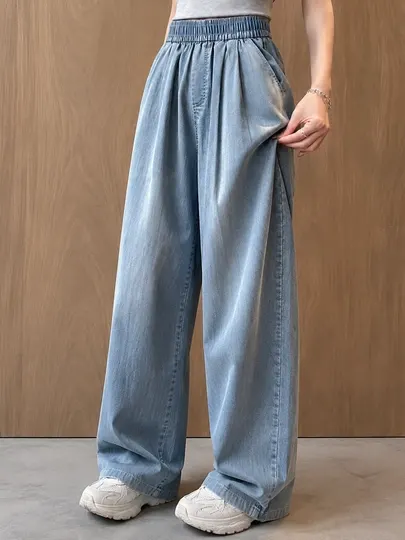 Женские джинсы из тенсела летние – высокая талия, брюки женские, wide leg брюки