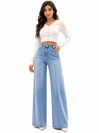 Джинсы широкие wide leg c высокой посадкой прямые