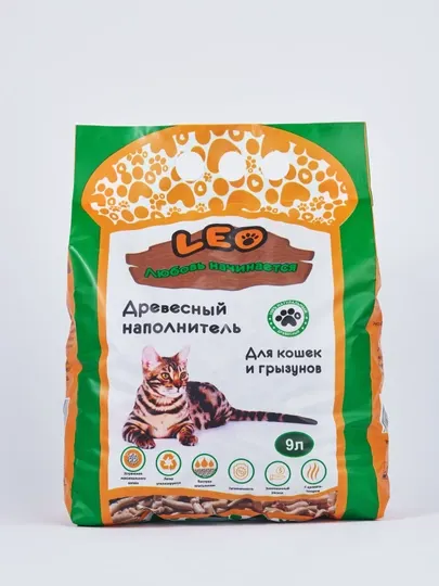 Наполнитель древесный мелкий Leo, для кошек и грызунов, 2 кг